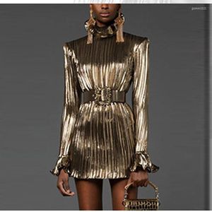 Casual jurken High Street Est Fashion 2023 Runway Designer Dames Sparkle Gold Long Sleeve riem geplooide feestjurk