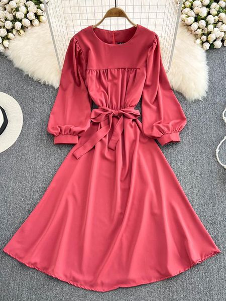 Vestidos casuales Hikigawa Chic Moda Mujer Vestido Vintage Elegante Sólido O Cuello Atado Arco Cintura delgada Vestidos Para mujeres Temperamento Vestidos