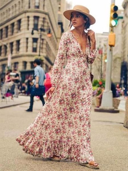 Vestidos casuales Hippie Estampado floral Maxi Vestido Mujer Primavera 2023 Manga larga Vintage Cuello en V profundo Vestidos sexy Ropa de playa Boho