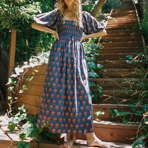 Casual jurken Hirigin Boho geborduurde bloemenjurk voor dames Korte pofmouwen Zwierig strand Maxi Vierkante hals Gesmokte ruches