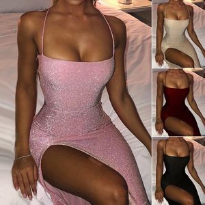 Glitter Roze Lace Up Open Back Hoge Split Maxi Jurk Mode Zomer Club Bodycon Vrouw Feestavond