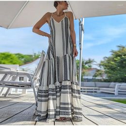 Vestidos casuales Hirigin Vintage Vestido largo de verano para mujer Bohemio Sin mangas Correa de espagueti Impresión gráfica Impresión suelta Midi Slip Vestidos