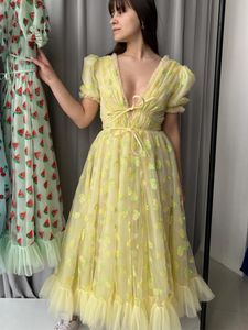 Casual jurken Hirigin dames feest lange jurk korte mouw v nek tie-up front hoge taille fruit pailletten ruche tule zoom prinses y2kcasual
