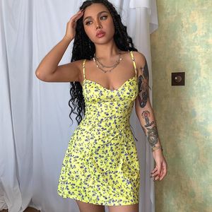 Vestidos casuales Hirigin Mujeres Slip Dress Spaghetti Straps Low-cut Flower Print A-line Slim Fit Summer Short Mini para Club Party