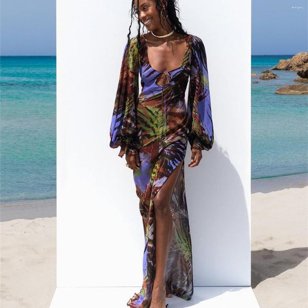 Robes décontractées Hirigin Femmes Y2k Sheer Mesh Lantern Sleeve Long High Split Cover Up Dress Ruffle Flowy Beach Maillots De Bain
