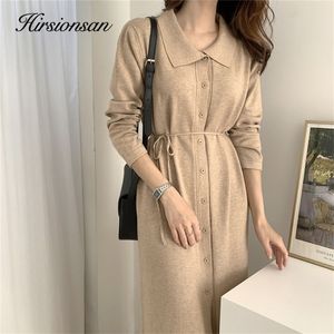 Casual jurken hirsionsan herfst winter vrouwen trui afslaan kraag vat omhoog knoppen massieve gebreide elegante dame long 220906