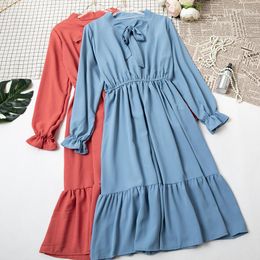 Casual jurken Hisuma vrouwen Spring Flare Sleeve Lace Up Bandage Ruche Dress Elastic Slim High Taille Pullover Pleated Chiffon Cake