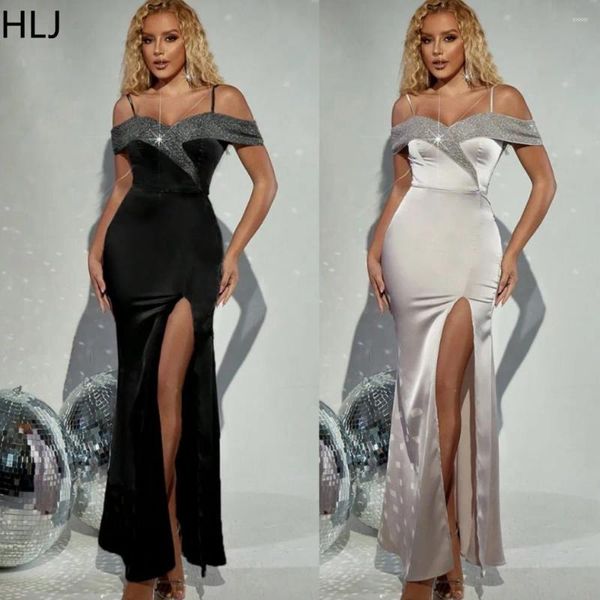 Robes décontractées hlj élégante dame off burder sequin épisseur suspense habiller les femmes minces bodycon high fente vestidos fashion fête club