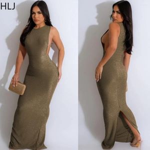 Casual Jurken HLJ Mode Effen Zijsplit Bodycon Party Club Vrouwen Ronde Hals Mouwloos Slanke Maxi Jurk Sexy Vrouwelijke Holle vestidos