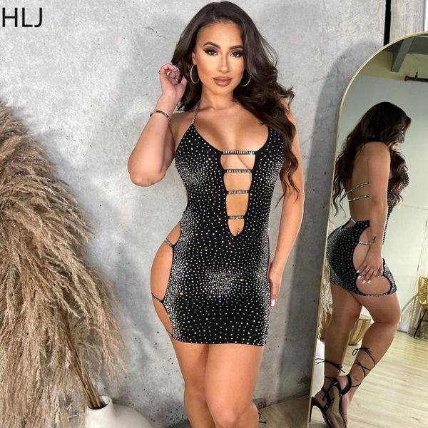 Robes décontractées HLJ strass sexy fête d'anniversaire robe pour femmes noir boîte de nuit côté creux dos nu moulante costumes de scène tenues