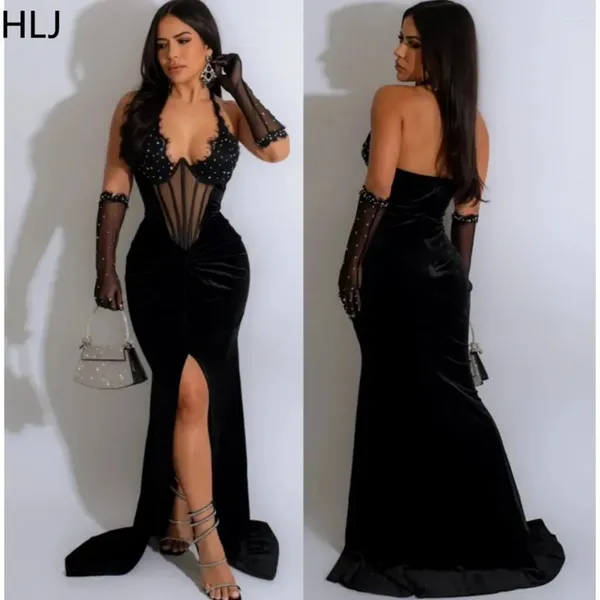 Vestidos casuales HLJ Sexy Halter Mesh Corset Rhinestones Vestido de fiesta Mujeres V Cuello Sin mangas Backlee Slim Vestidos Moda Manga Guante