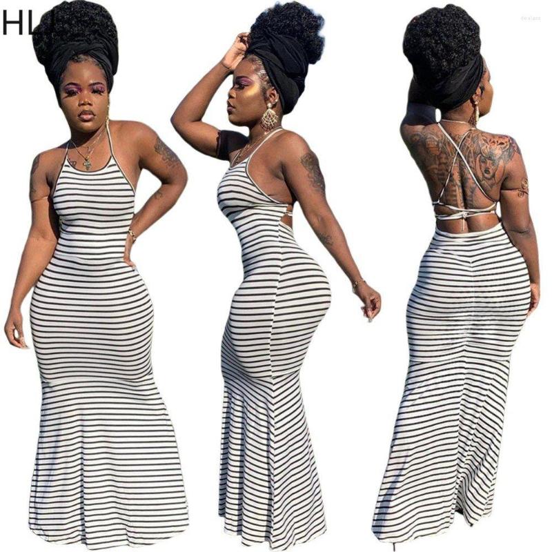 Casual Dresses HLJ Sexy Stripe Printing Bodycon Women Thin Strap Backless Vestidos 2023 Sleeveless Part Club Clothing Streetwear