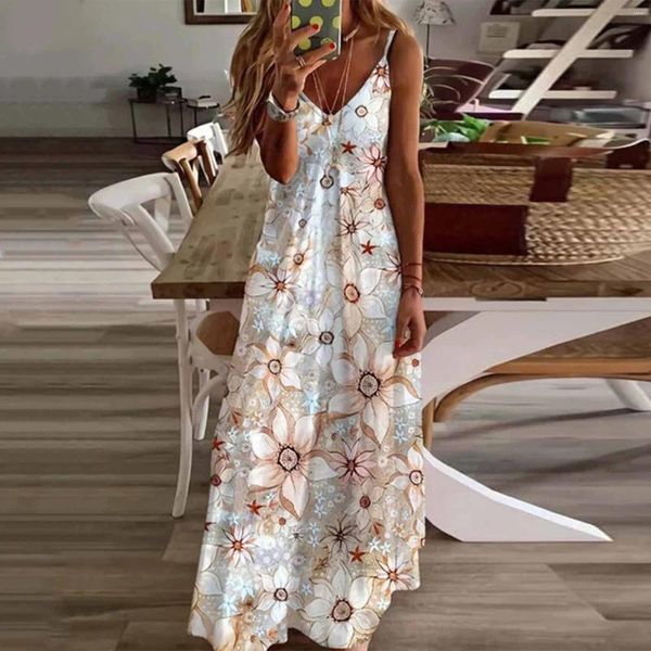 Vestidos casuales Holiday Beach Sling para mujeres 2024 Tallas grandes Vestido sin mangas sexy con cuello en V Estampado de flores Ropa larga para mujer