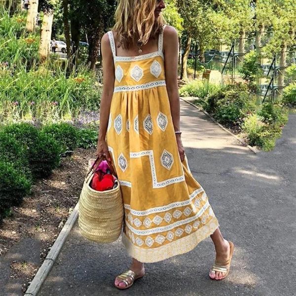 Robes décontractées de vacances grandes femmes imprimer une robe de plage d'été maxi sangle swing boho jolie vestido sexy para mujer