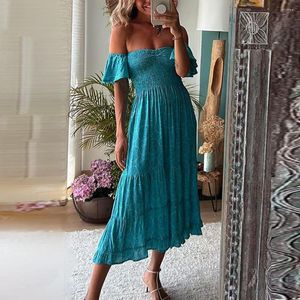 Casual Jurken Vakantie Boho Maxi Jurk Vrouwen Off Shoulder Backless Flare Mouw Bloemenprint Hoge Taille Party Dames Swing Vestidos