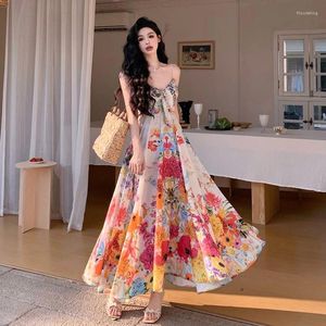 Casual jurken Holiday Flowy Chiffon Long Cami Dress Women Twist Bandage V-Neck Ruffle Bohemian Print Flower Beachwear