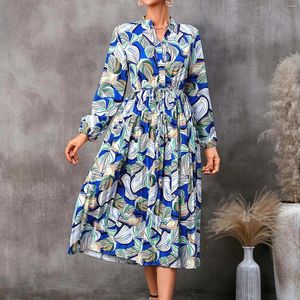 Robes décontractées Holiday Maxi Prints Robe Femmes Stand Up Cou À Manches Longues Cravate Lâche Taille Swing Robes Para Mujer