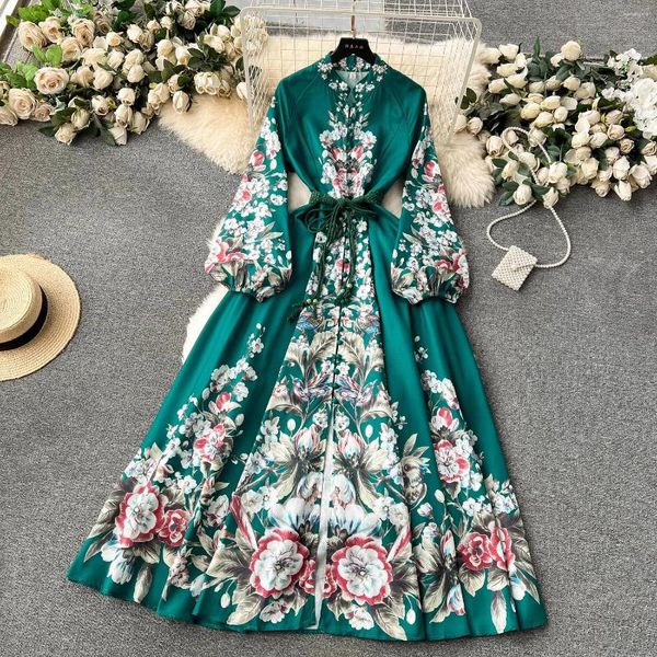 Robes décontractées style vacances vintage femmes imprimement collier de fleurs cols célibataires de ceinture poitrine saut printemps été boho magnifique maxi maxi