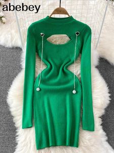 Casual Jurken Hollow Out Herfst Vrouwen Gebreide Jurk Lange Mouwen Elastische Taille Mode Warme Winter Bodycon Mini Trui