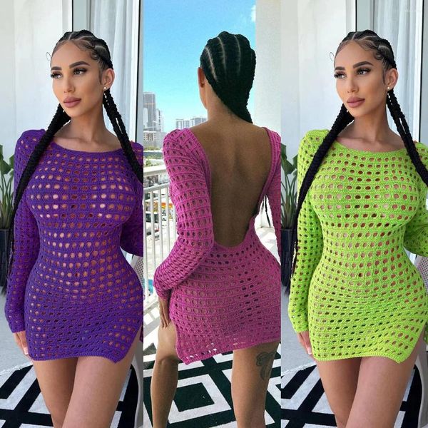 Robes décontractées Creux Out Bikini Set Cover Ups pour femmes Solide 2023 Vacances d'été Plage Mini Robe Sexy Dos Ouvert Night Club Party Robes