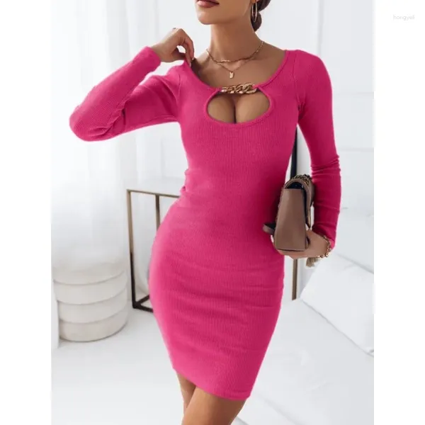 Vestidos casuales ahueca hacia fuera manga larga elegante vestido de mujer moda o-cuello color sólido hermoso slim fit primavera 2024 vestidos de fiesta