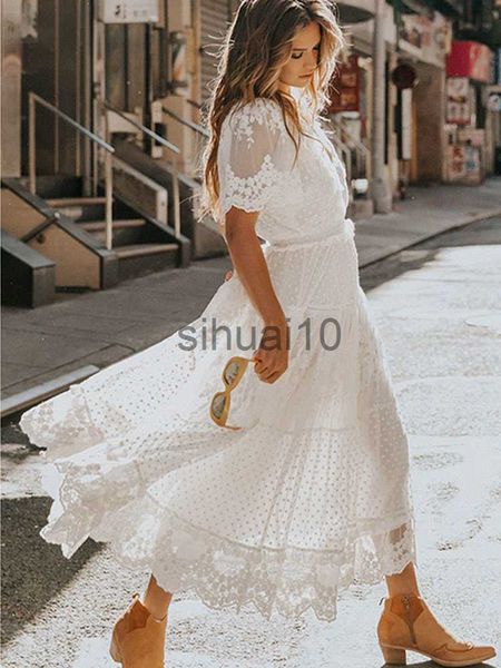 Vestidos casuales Hollow Out White Dress Sexy Women Lace Long Dress Cross Semi-Sheer Plunge V-Neck manga corta Lace Maxi Dress Vestido De Mujer J230705