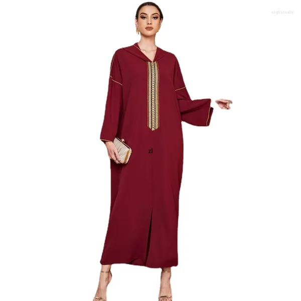 Robes Décontractées À Capuche Abaya Lâche Ethnique Longue Robe Femmes Ruban Broderie Dubaï Marocain Caftan Mode Musulman Arabe RobeVêtements Eid