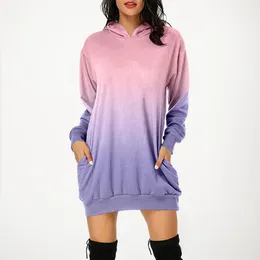 Robes décontractées Sweat à capuche Robe Femmes Gradient Couleur Sweat à capuche à manches longues Sundress avec poche Streetwear Pulls Sudadera Mujer