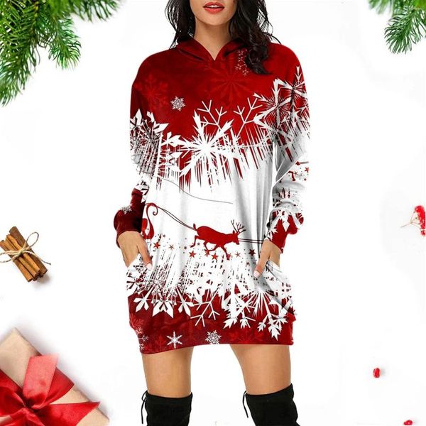 Vestidos casuales vestidos con capucha para mujeres estampado navideño camisas de manga larga invierno