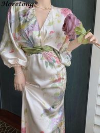 Vestidos informales Horetong Temperamento Retro Vestido de mujer Impresión Elegante Cuello en V Manga larga Fajas Maxi Vestidos Verano Vestido largo elegante 230214