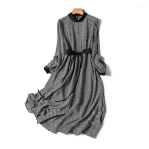 Casual jurken Houndstooth geruite print Vintage vetersluiting Strik Halfhoge kraag Damesjurk Koreaanse mode Lange mouw Halfhoge kuit Voor F35