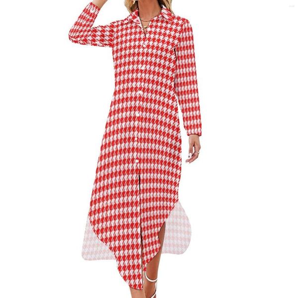 Robes décontractées Robe mouchetée à pied-de-poule Motif rouge et blanc Élégant Sexy Col V En mousseline de soie à manches longues Robe 5XL 6XL