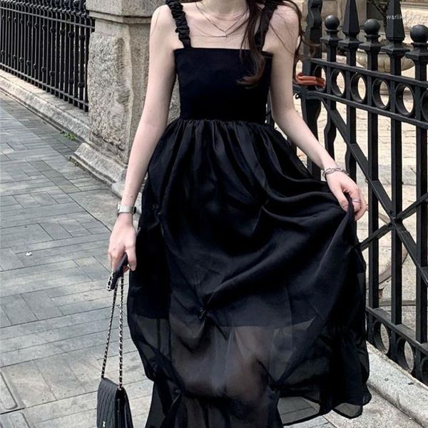 Vestidos casuales HOUZHOU moda coreana encaje Slip vestido negro mujeres gótico corsé sin espalda malla esponjosa elegante fiesta plisado Harajuku