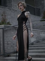 Vestidos casuales Houzhou sexy famacon vestido negro mujer harajuku gótico vendaje de verano mangas de fiesta dividida de hombro del hombro