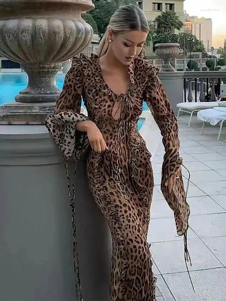 Vestidos informales Houzhou Sexy Leopard estampado Long Women Lace-up V-Chok Ruffle Edge Split Slim Sleim Fiest Vestido