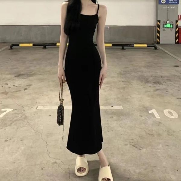 Robes décontractées houzhou sexy women bodycon robe noire mince mince backless coréen long sans manches élégantes en soirée midi chic
