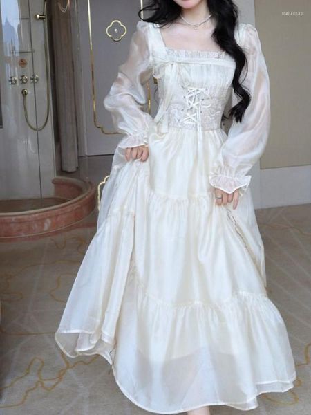 Vestidos casuales houzhou dulce elegante vestido mujer manga larga elegante vendaje cuadrado collar vintage hada de estilo francés brok