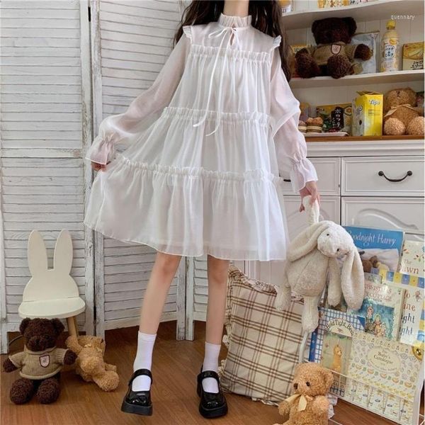 Robes décontractées HOUZHOU Blanc Robe Courte Femmes Mode Japonaise Kawaii Harajuku Preppy Coréen À Manches Longues Surdimensionné Dentelle Mignon Esthétique