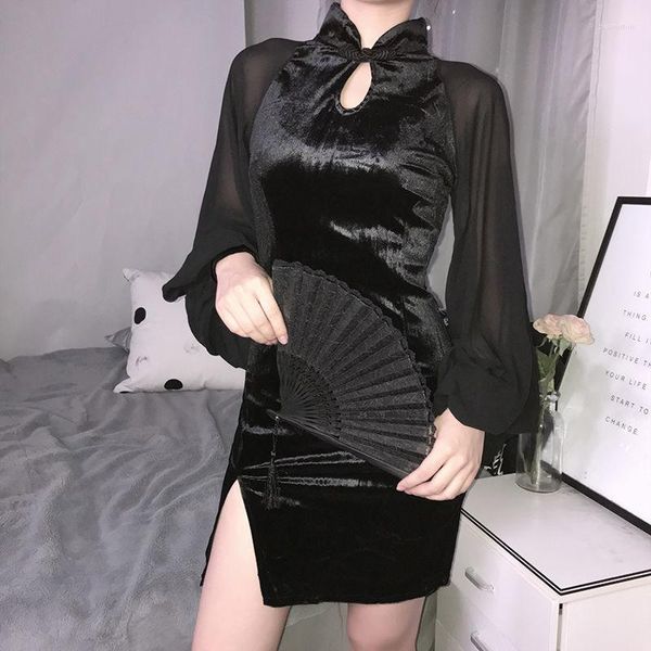 Vestidos casuales Vintage Cheongsam Mini vestido negro Mujeres Side Slits Bodycon Estilo chino Elegante Lace Mesh Party Sexy