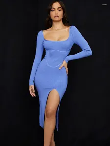 Casual Jurken HQBORY Vierkant Blauw Bodycon Bandage Jurk Split Lange Mouwen Sexy Kerst Slanke Gebreide Ruglooze Avond Dames Opruiming