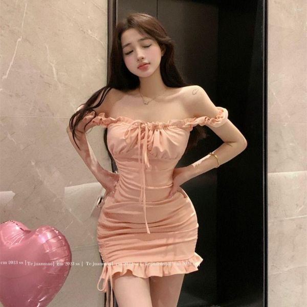 Vestidos casuales Hsa Sexy Sweet Dress Mujer Slash Neck Ruffles Sin mangas Drapeado Vendaje Irregular Slim Backless Party Ladies Fashion