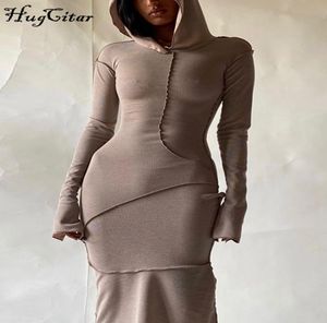 Robes décontractées Hugcitar à manches longues patchwork à capuche skinny robe maxi automne d'hiver femme de mode streetwear tenues 2209303883394