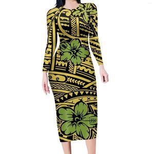 Casual jurken Hycool herfst minimalistische groene t -shirt jurk Samoan tribale tatoeages print vrouwen Polynesische mode herfst lange mouw