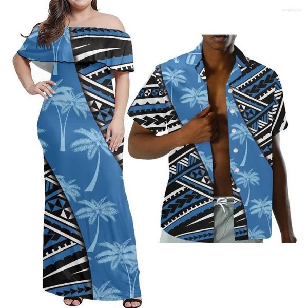 Vestidos casuales Hycool HD Tropical Coconut Print Royal Blue Vestido hawaiano Polinesia Tribal Fiesta Pareja Ropa fuera del hombro Long282i