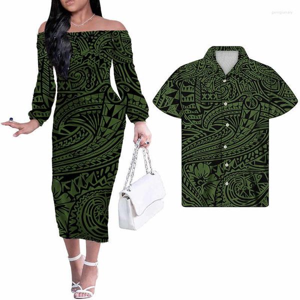 Vestidos casuales Hycool Polinesia Diseño tribal Conjuntos de impresión verde de parejas Medio hombro y camisas para hombre Traje al por mayor