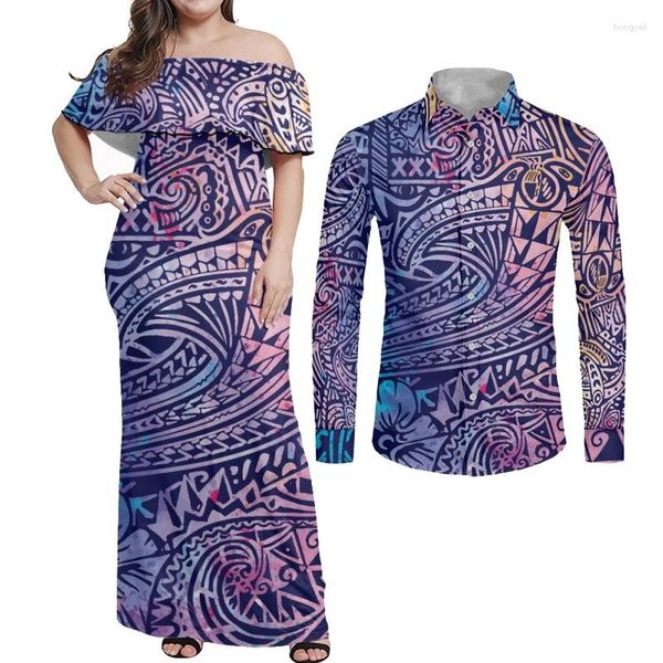 Vestidos informales Hycool Polynesian Tribe Parejas Conjunto de ropa a juego Verano Sexy Off Hombro Largo Bodycon Vestido azul marino para mujeres 7XL