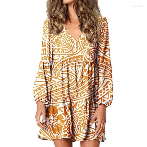 Robes décontractées Hycool jaune polynésien tribal rayé imprimé à manches longues robe ample pour les femmes enceintes personnalisé sexy col en V fille mini pli