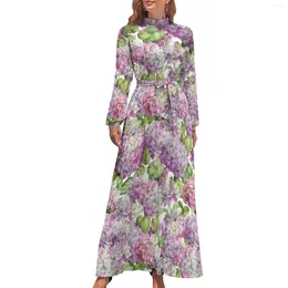 Robes décontractées Hortensia Robe florale longue à manches à manches roses à manche rose vintage Maxi High Neck Street Fashion Design Bohemia Long