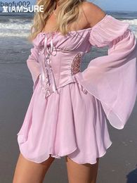 Robes décontractées Iamsure Beach Style Vintage Robe en mousseline de soie avec corset Bandage évider Bustier Prairie Chic Robes à manches évasées 2 pièces Ensemble W0315