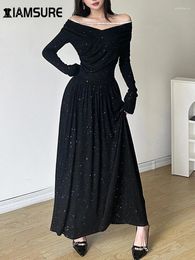 Casual jurken iamsure clubkleding feestjurk slanke sparkle glitter a-line elegante dame slash nek lange mouw maxi voor vrouwen 2024